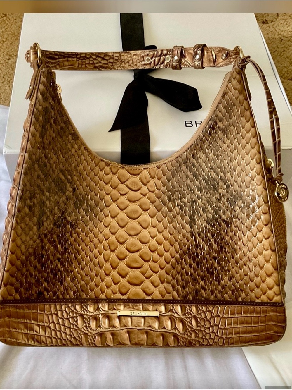 Brahmin Metallic Bronze Croc-Embossed Shoulder Bag